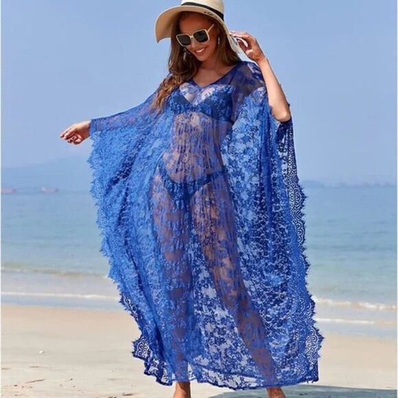 New Cover up Robe Women Boho Beach Eyelash Lace Soft Thin Oversized Royal Blue - Picture 1 of 6